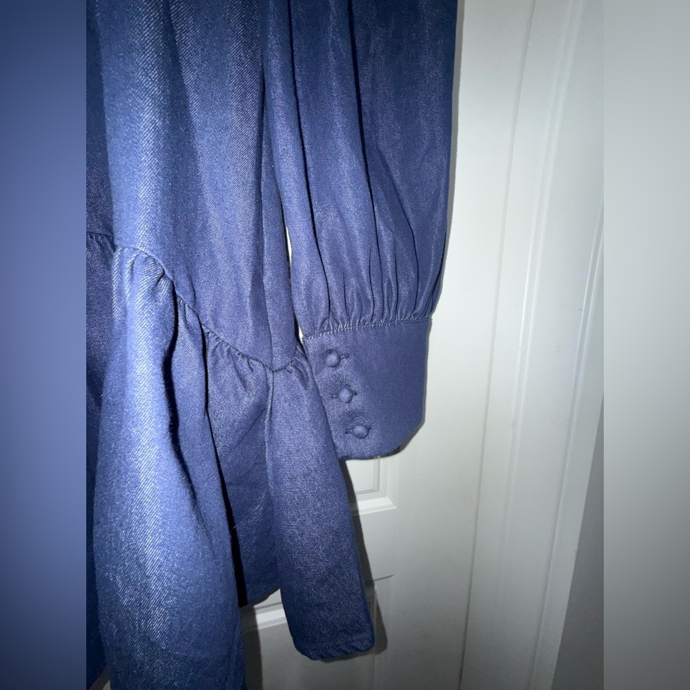 NWT. Commense. Denim Stand Collar Puff Sleeve Mini Dress. Size Small. - Picture 9 of 15